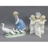 Two Lladro porcelain figure groups to include Cherubs and a Goose girl, (2)