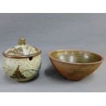 Studio pottery stoneware pot and cover in the manner of David Leach, painted with oak leaf