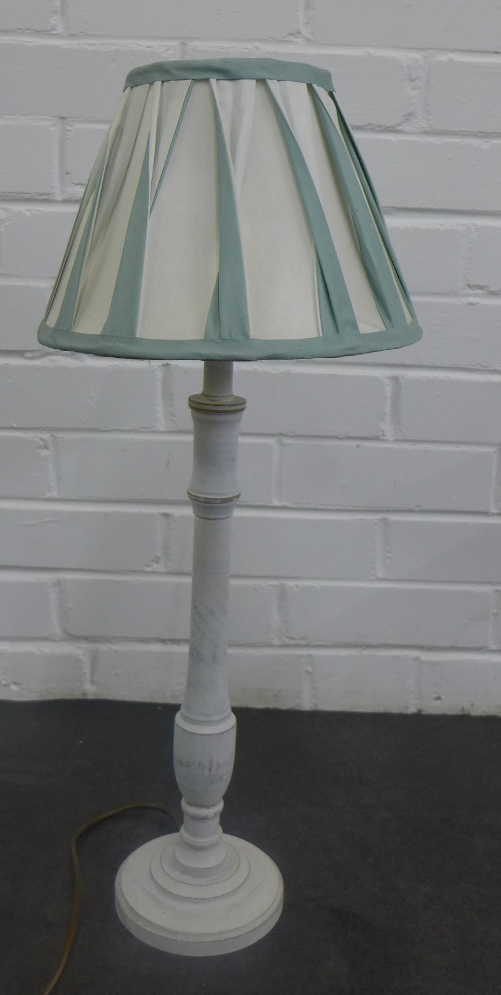 Wooden white painted table lamp base with pleated shade, 50cm high