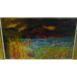 Jean Leslie 'Sunset Tanera' Oil-on-Board, signed, in a glazed giltwood frame, 55 x 34cm