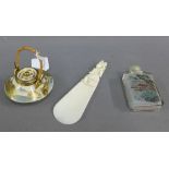 Satsuma miniature teapot, a painted glass snuff bottle and an early 20th century ivory shoe horn, (