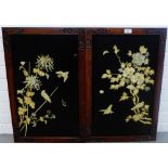 Pair of Japanese mother of pearl and bone panels depicting flowers, bird and foliage, in chinoiserie