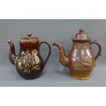 Salt glazed tea / coffee pot, together with a Rockingham brown glazed teapot with gilt floral sprays