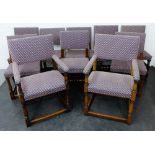 Set of ten oak framed Cromwellian style chairs to include two carvers with upholstered seats and