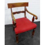 19th century mahogany open armchair with bar back and carved splat, upholstered seat, and faceted
