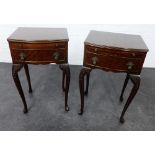 Pair of veneered bow fronted bedsides, with pull out slide over single drawer, on cabriole legs,