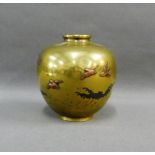 Japanese bronze and mixed metal inlay squat baluster vase with mixed metal inlay with bats, clouds