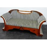 Yew wood framed two seater settee with striped upholstery, 92 x 182cm