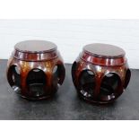 Pair of brass inlaid hardwood chinoiserie stools, 42 x 40cm (2)