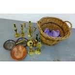 Mixed lot to include a basket, copper pans and brass candlesticks