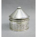 Scottish silver gilt circular box with domed cover and an engraved Latin motto, Hamilton & Inches,