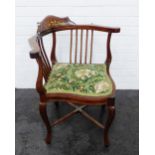 Mahogany and inlaid corner chair with floral upholstered seat, 74 x 64cm