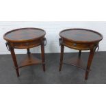 Pair of mahogany lamp / side tables, with circular chequer tops, frieze drawers and ring handles