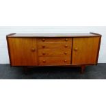 Mid century teak sideboard with four central frieze drawers flanked by cupboard doors, 85 x 168cm