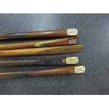 Collection of five vintage snooker cues to include The Stevenson Champion Cue, The Statesman Cue and