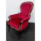 Mahogany framed spoon back chair upholstered in red, 108 x 75cm