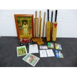 Mixed lot of cricket items to include bats and balls, a Colman's Mustard reproduction print and some