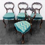 Set of four mahogany balloon back chairs with varied blue upholstered seats, 86 x 46cm (4)