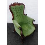 Mahogany framed armchair with green button back upholstery, 104 x 68cm