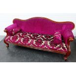 Mahogany framed three seater settee with serpentine top rail, upholstered back seat and bolster