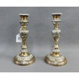 Pair of silver plate on copper knop stemmed candlesticks, 26cm high (2)