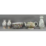 Collection of Chinese and Japanese porcelains to include a Famille Rose teapot, two bowls and