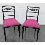 Pair of ebonised side chairs with brass motifs and slip in seats, 86 x 45cm, (2)