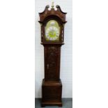 Oak cased Grandfather clock, with broken swan neck pediment over a brass dial with silvered