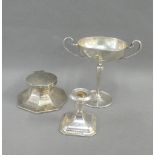 Mixed lot to include an octagonal silver inkwell, Birmingham 1928, silver dwarf candlestick and a