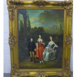 Large oil-on-canvas with three figures in a classical landscape, apparently unsigned, in an ornate