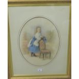 English School Oval portrait of a Girl in a Blue and White Dress Watercolour Apparently unsigned, in
