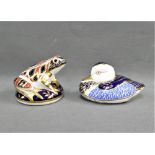 Royal Crown Derby paperweight of a Duck with gold stopper, together with a Toad, (2)