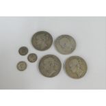 Four silver crowns to include George III and Queen Victoria together with three 3p Maundy coins (7)