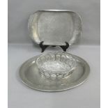 Two Arts & Crafts English pewter trays together with a pewter mounted glass basket, (3)