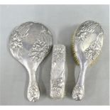 Art Nouveau silver back dressing table brush set comprising hand mirror, hair brush and clothes