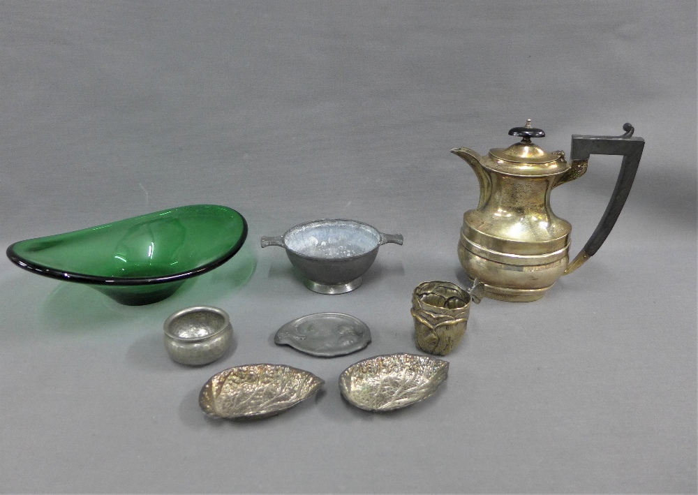 Mixed lot to include Epns coffee pot, pewter plate, green glass bowl etc., (a lot)