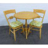 Pine breakfast table with tripod legs and pair of pine chairs, 80 x 77 cm, (3)