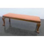 Mahogany window stool, with slip in upholstered top and cabriole legs, 32 x 110 cm