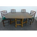 Set of four oak ladder back chairs with green slip in seats, together with an oak gateleg table,