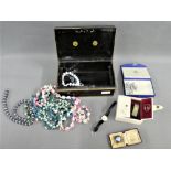 Black metal cash box containing miscellaneous costume jewellery etc (a lot)