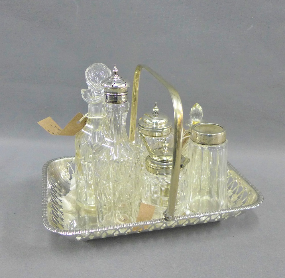 Silver collared scent bottle, together with a collection of Epns mounted glass condiment jars and an