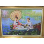'Two Ladies in a Rowing Boat' Oil-on-Canvas Signed indistinctly in a gilt wood frame, 90 x 60 cm
