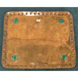 Large Arts & Crafts copper serving tray of rectangular outline, each corner with a green enamel