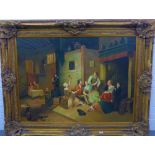 R. Johnsone Large oil-on-canvas of an interior scene with figures, 120 x 90 cm