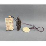Japanese carved bone inro with button Netsuke together with a Japanese Netsuke of a Samurai (2)
