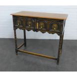 Oak Jacobean style hall table with two small drawers, bobbin legs and stretcher 82 x 92 cm