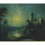 Moonlit Sky over Castle and Lake with Figures Oil-on-Canvas Apparently unsigned in an ornate gilt