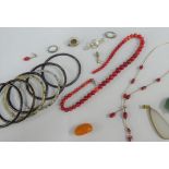 Mixed lot to include seven cloisonne bangles, hard stone jewellery and coral coloured beads,