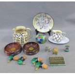 Mixed lot to include studio pottery jugs, a bowl, a duck, ceramic stoppers, cloisonne jar and