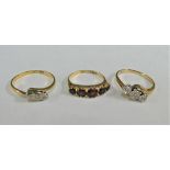 18 carat gold diamond set dress ring and two 9 carat gold diamond and garnet dress rings (3)